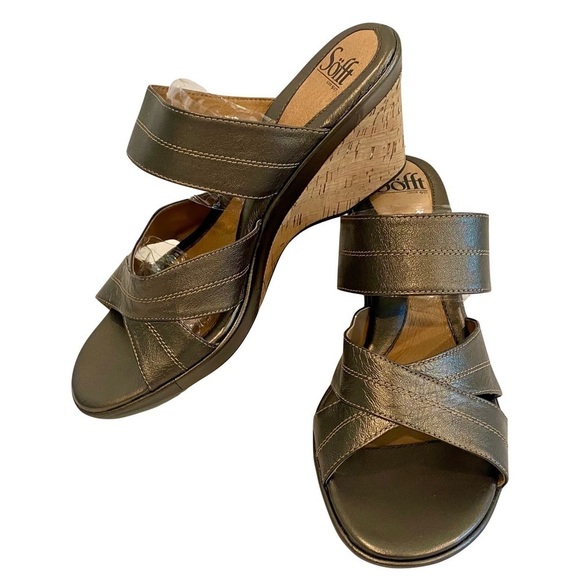 LIKE NEW - SOFT - Pewter Leather & Cork Wedge Two Strap Slip-on Sandals Size 10 - Picture 2 of 9